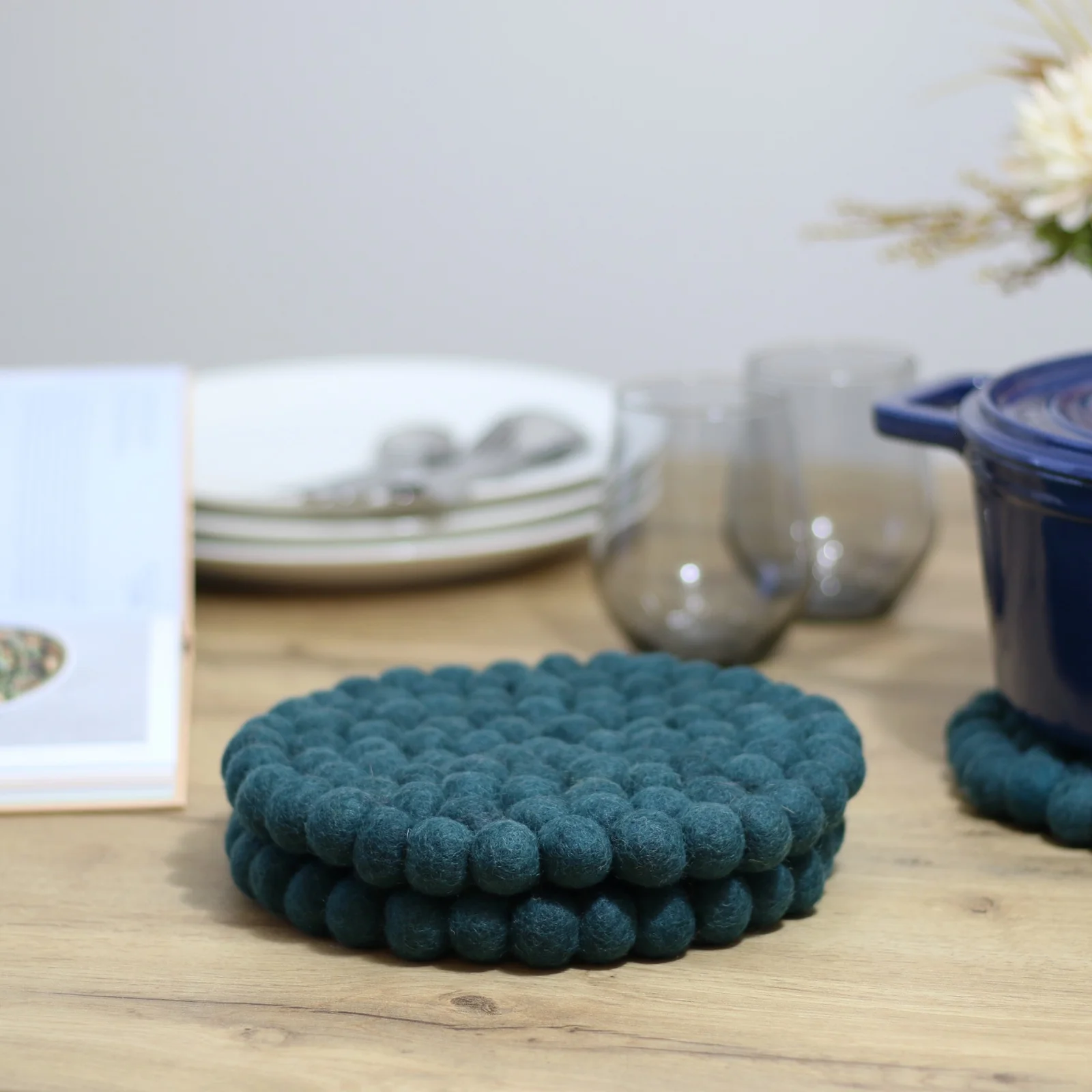 Peacock Blue Felt Ball Trivets