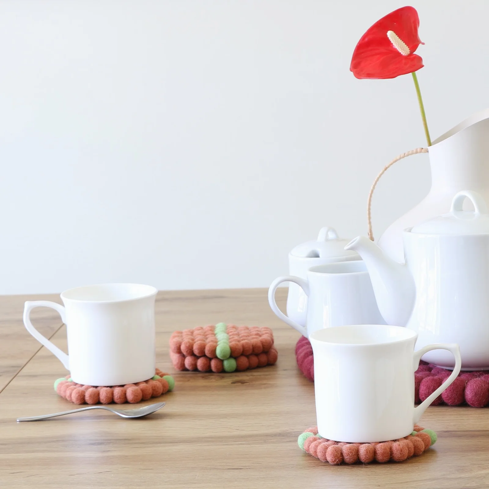 Orange Hexagon Felt Tea Coasters with Green Line – Handmade, Durable & Eco-Friendly