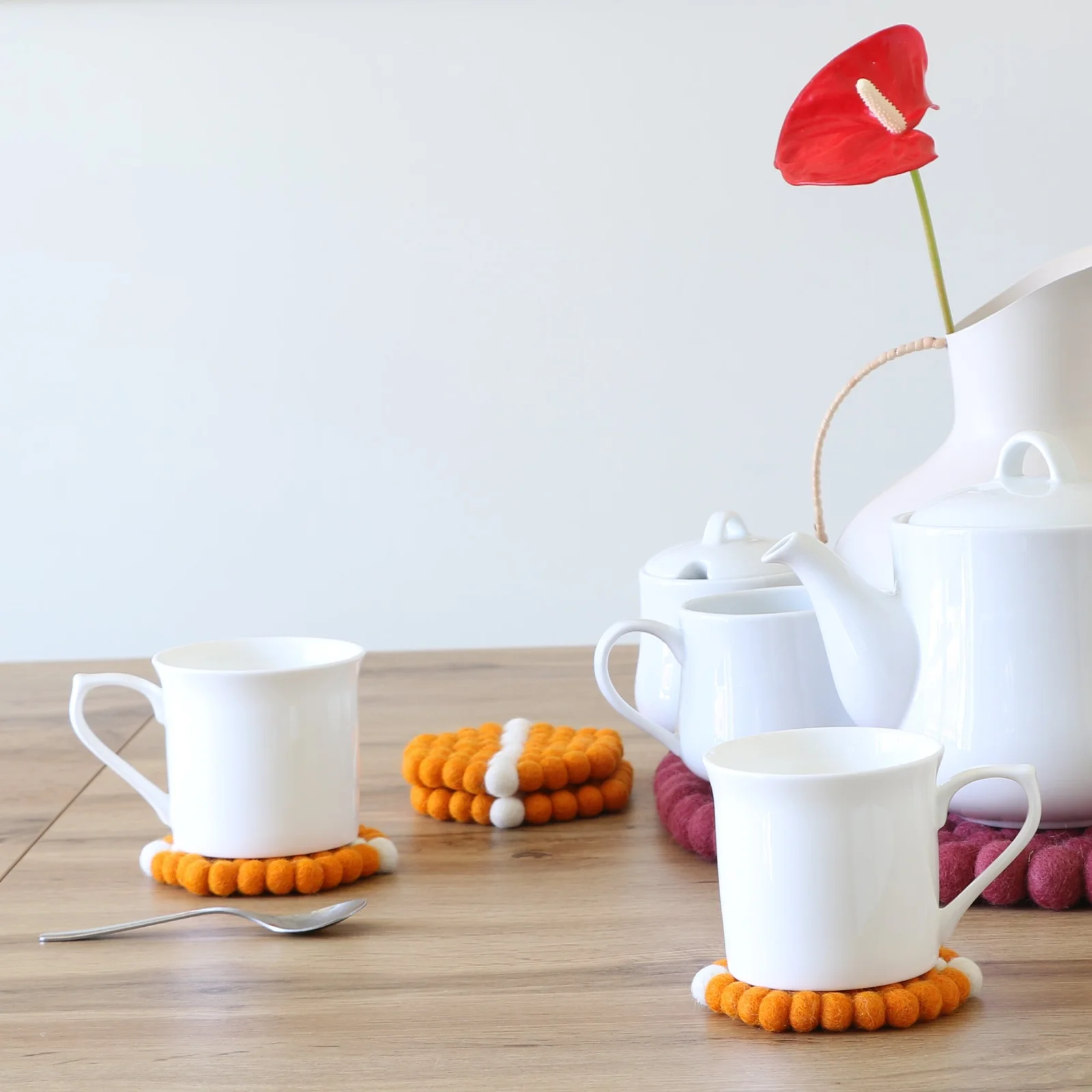 Orange Hexagon Felt Tea Coasters with White Line – Handmade, Durable & Eco-Friendly